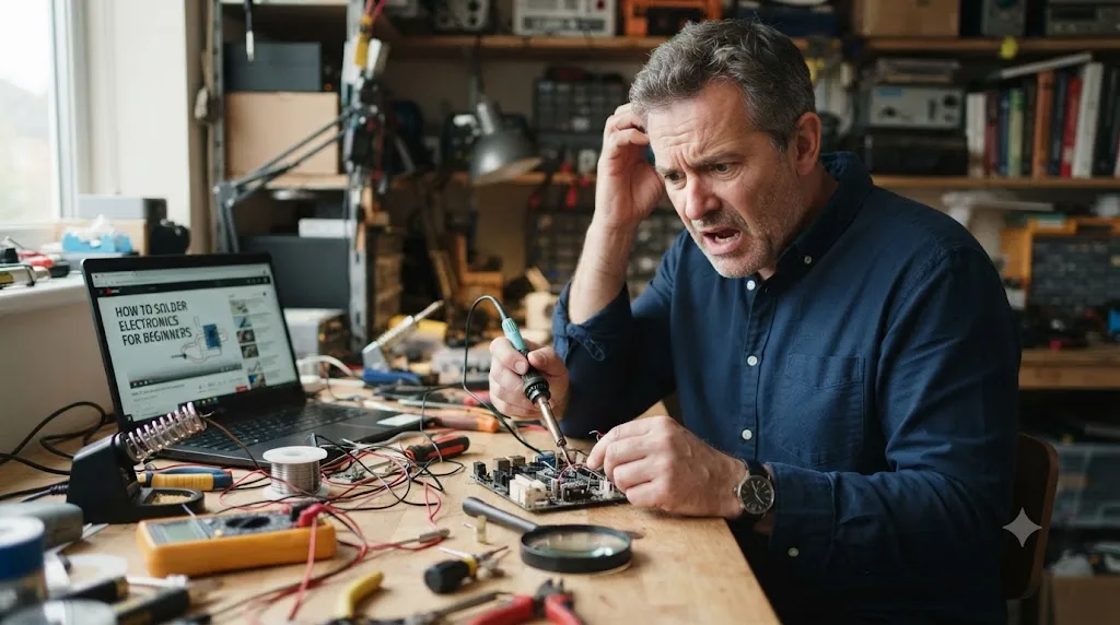 Illustration of an experienced professional looking uncertain while attempting a completely new skill