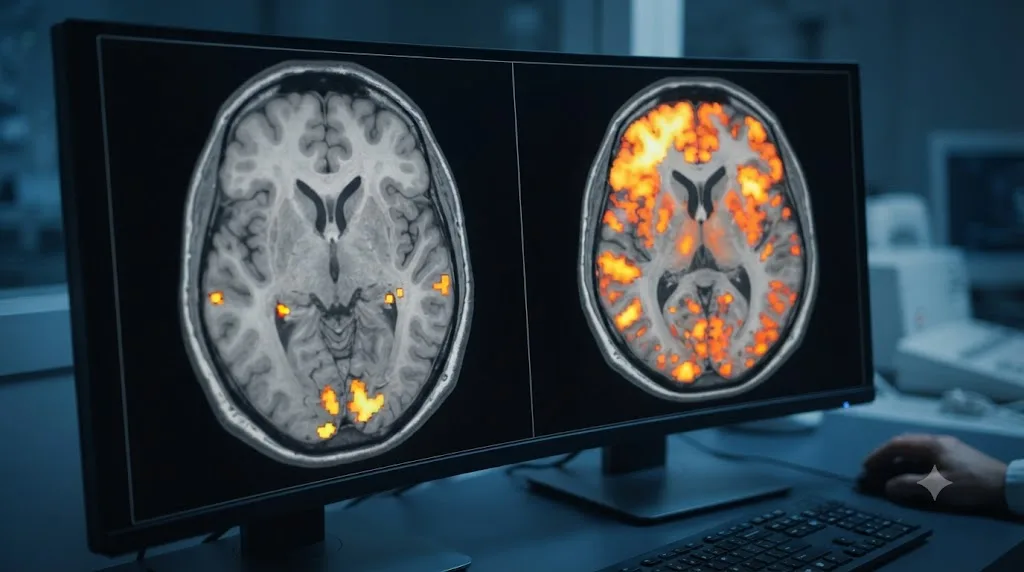 Illustration comparing brain activity during passive tutorial watching versus active hands-on practice