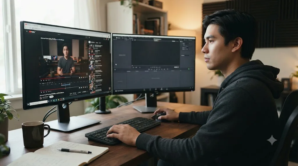 Illustration of a person watching a tutorial video on one monitor while an empty timeline sits untouched on another