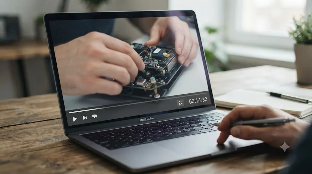 Illustration of a video player set to double playback speed next to a stopwatch