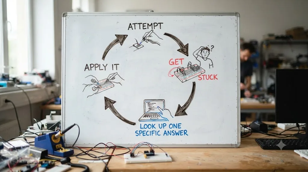 Illustration of a practice loop showing attempt, get stuck, look up one answer, apply it, and finish