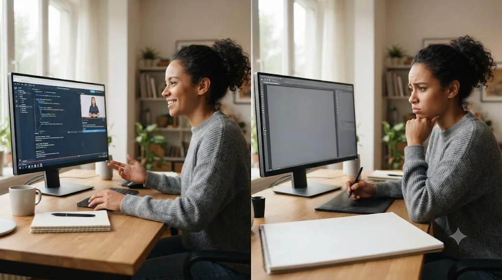 Illustration contrasting confident recognition while watching a tutorial with hesitation when facing a blank project