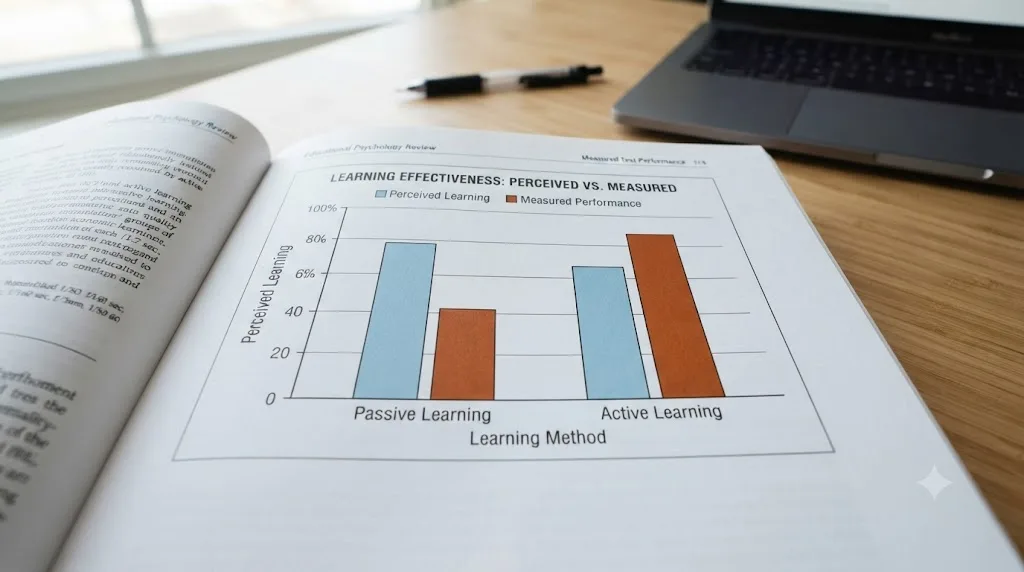 Illustration of a chart comparing perceived learning against measured performance for active versus passive learning