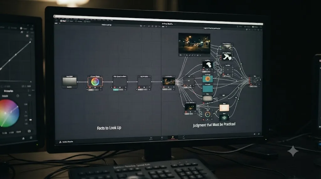 Illustration of a node-based color grading interface split between facts you can look up and judgment you must practice
