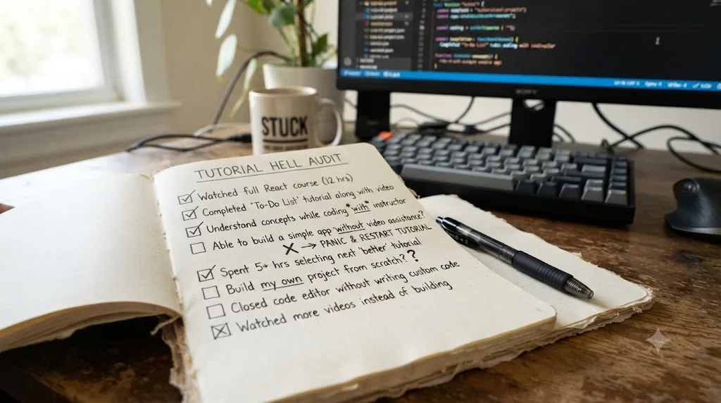 Illustration of a checklist used to self-diagnose being stuck in tutorial hell