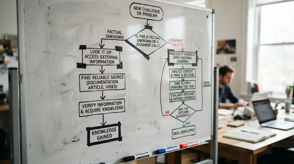 Illustration of a decision flowchart for choosing between looking up a fact and practicing a judgment call