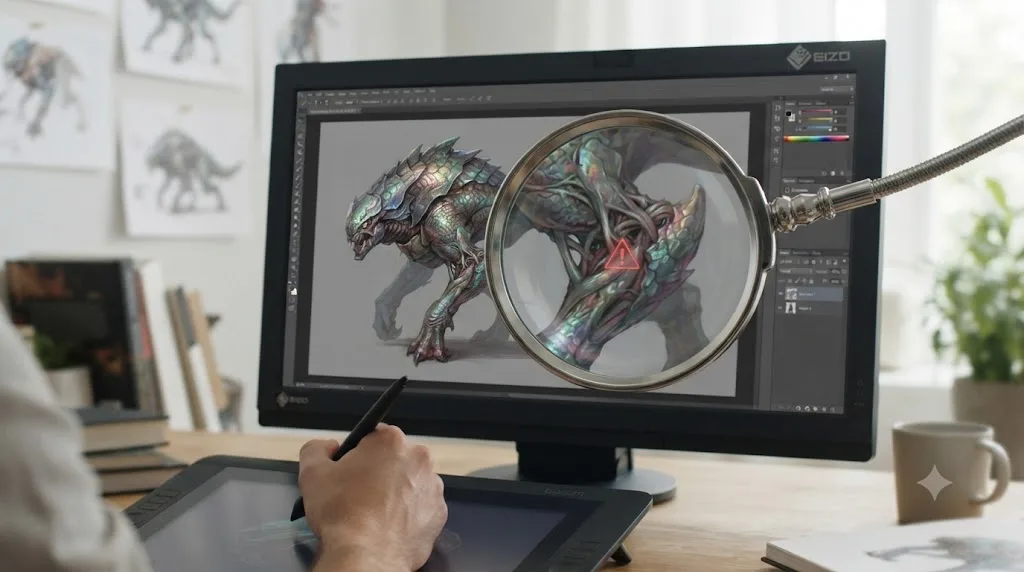 Illustration of a magnifying glass reviewing an AI-generated creature design with a warning icon over an implausible joint