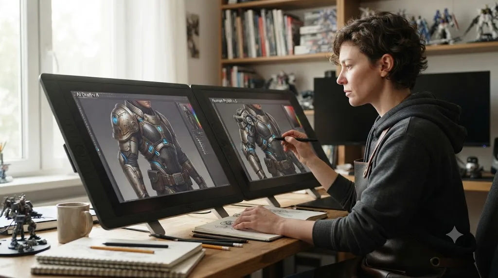 Illustration of a concept artist comparing an AI-generated armor design with subtle structural flaws against a corrected version