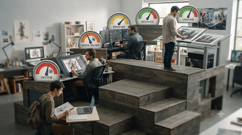 Illustration of a staircase with four figures representing different illustration career stages, each with a risk-level indicator