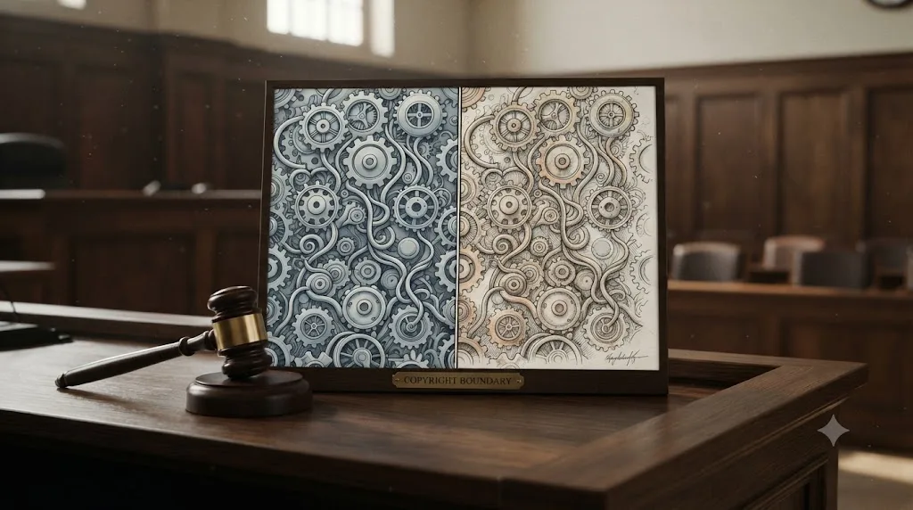 Illustration of a gavel beside a split image showing AI-generated pattern and hand-finished artwork representing the copyright boundary