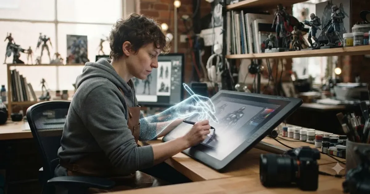 Illustration of a concept artist at a drawing tablet with a translucent AI hand sketching over the same canvas