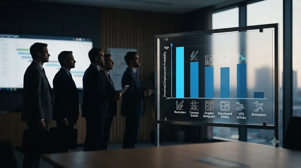 Illustration of entertainment industry executive figures beside a bar chart of creative roles expected to be displaced by AI