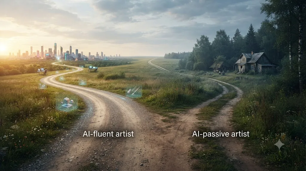 Illustration of a fork in a road with two paths labeled AI-fluent artist and AI-passive artist