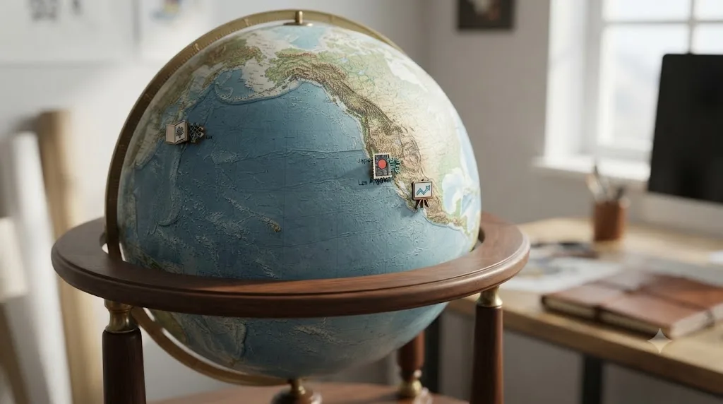 Illustration of a world map highlighting illustration industry hubs with icons representing different AI impact studies