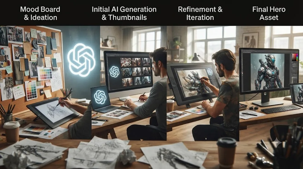 Illustration of a concept art production pipeline from mood board to final asset, with AI influence shrinking toward the final stage