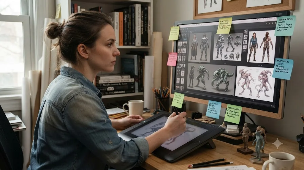 Illustration of an artist reviewing a portfolio with notes marking pieces demonstrating functional and anatomical design reasoning