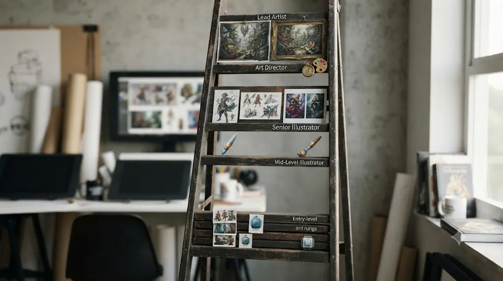 Illustration of a career ladder for illustration roles with a narrowing gap at the entry-level rungs representing AI exposure