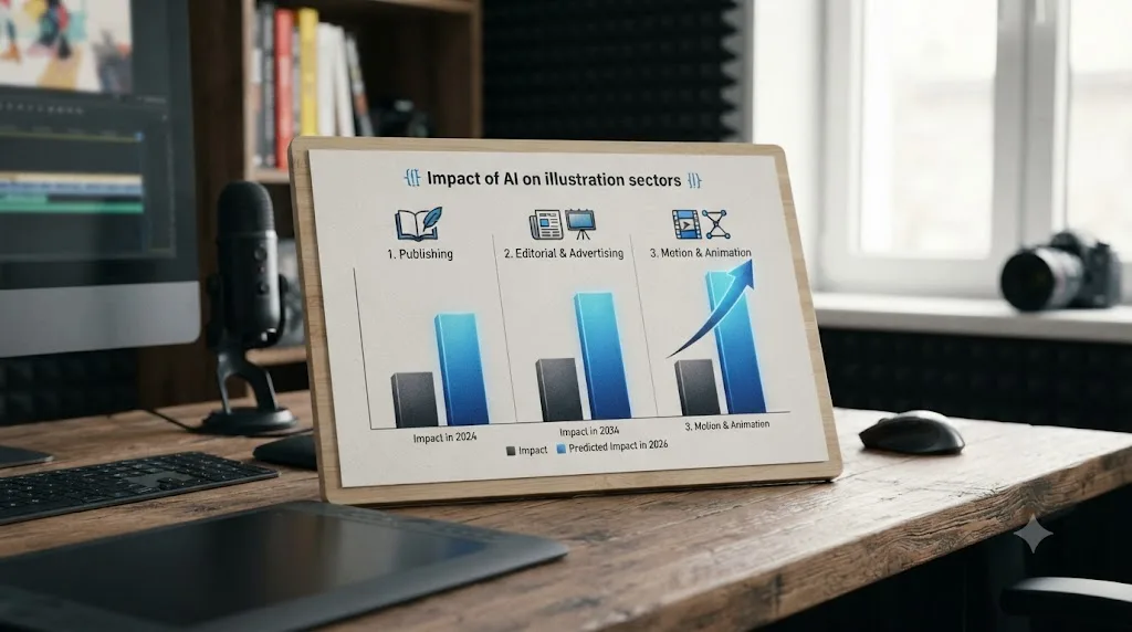 Illustration of a bar chart comparing AI's impact on illustrators across publishing, editorial, and motion and animation sectors