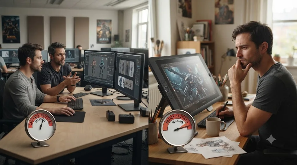 Illustration comparing game studio artists and freelance illustrators, each shown with a sentiment gauge reflecting AI caution