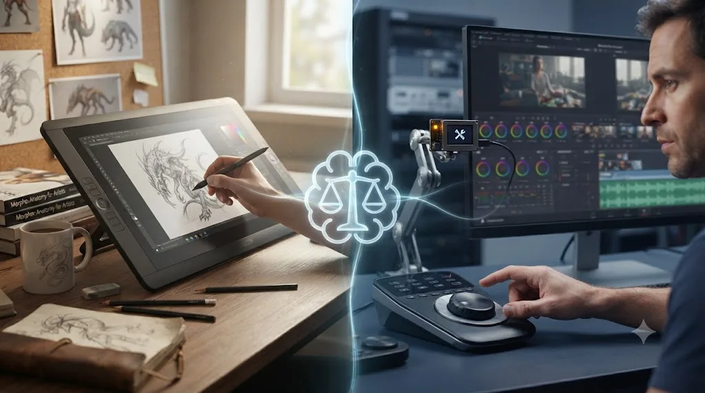 Illustration of a concept artist's drawing tablet beside a DaVinci Resolve timeline with an assistant overlay, connected by the idea of human judgment