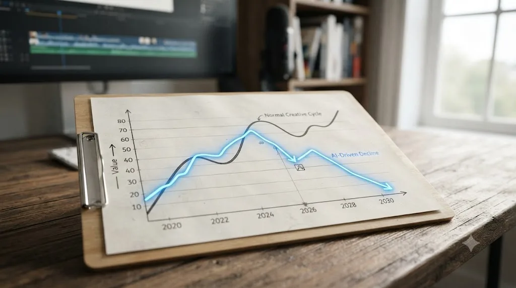 Illustration of two overlapping trend lines representing a normal industry cycle and a sharper AI-driven decline