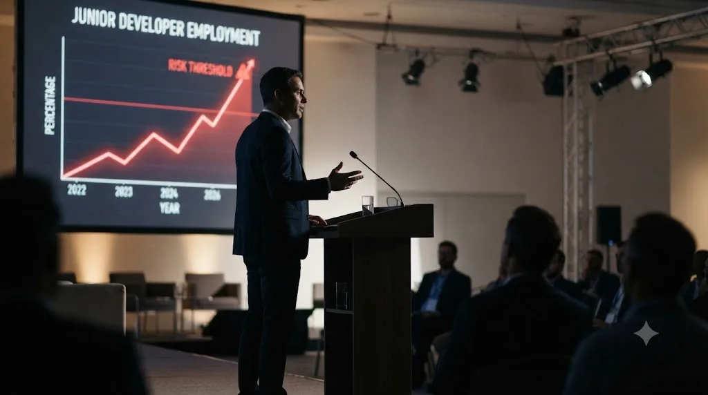 Illustration of a technology CEO speaking at a podium with a warning line graph projected behind them