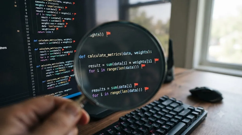 Illustration of a magnifying glass reviewing AI-generated code with red flag icons marking subtle errors