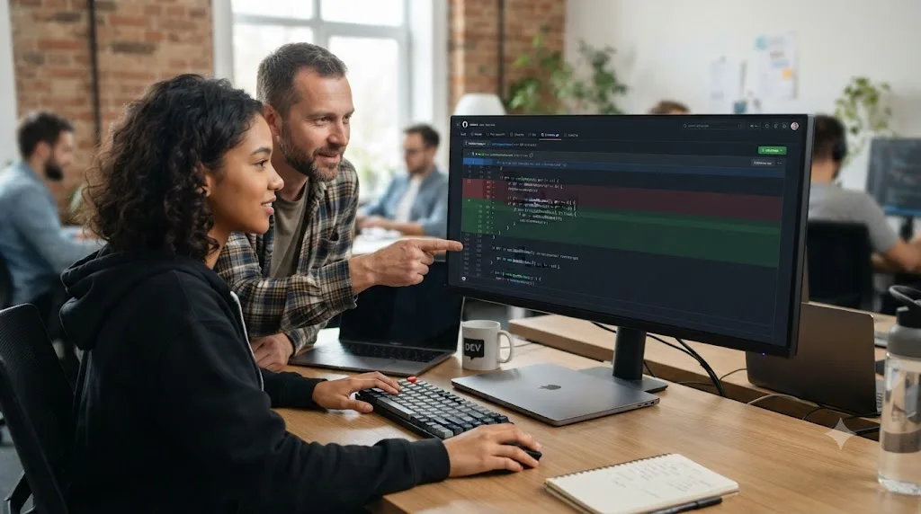 Illustration of a junior developer reviewing a pull request with a senior engineer pointing at a section of code beside them