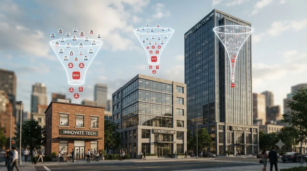 Illustration of three differently sized company buildings, each with a differently narrowed hiring funnel representing junior hiring risk