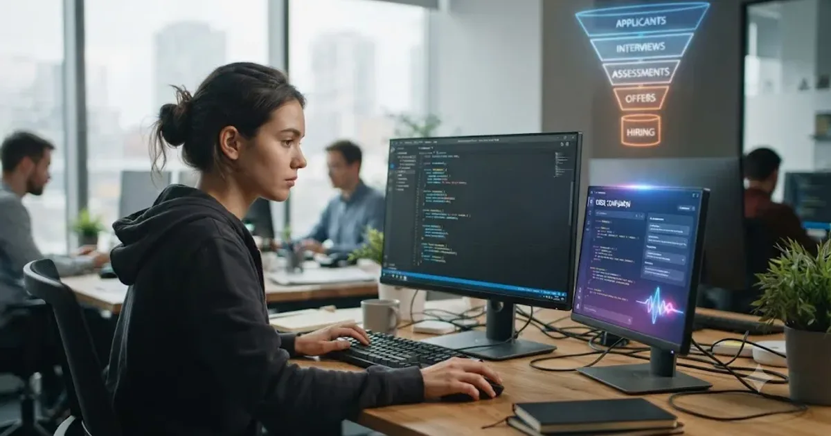 Illustration of a junior developer at a desk beside a glowing AI assistant panel, with a narrowing hiring funnel diagram in the background