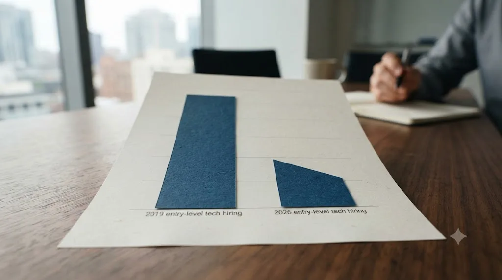Illustration of a bar chart comparing 2019 and 2026 entry-level tech hiring, showing a steep decline
