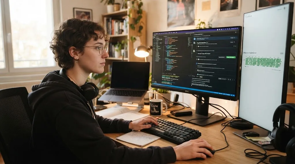 Illustration of a junior developer building a personal project, with a code contribution graph and pull request thread visible on screen