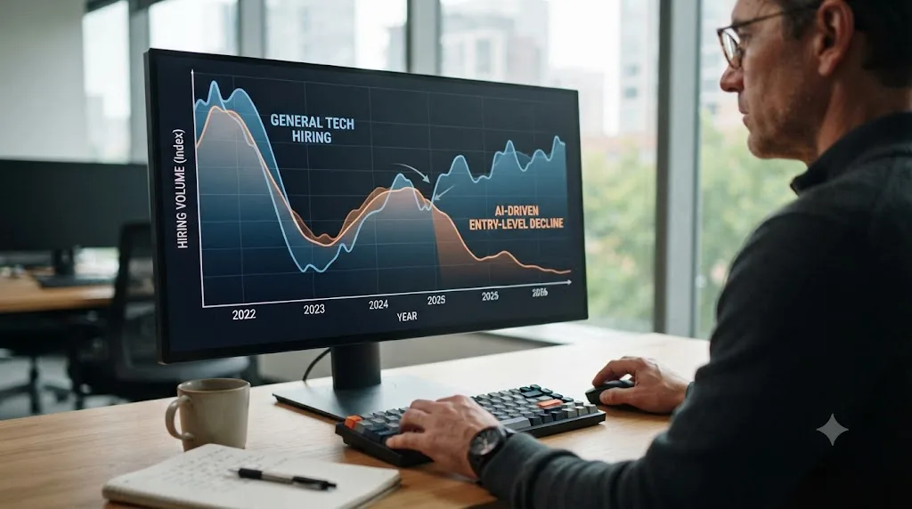 Illustration of two overlapping wave graphs representing a general tech hiring downturn and a separate AI-driven decline in entry-level hiring