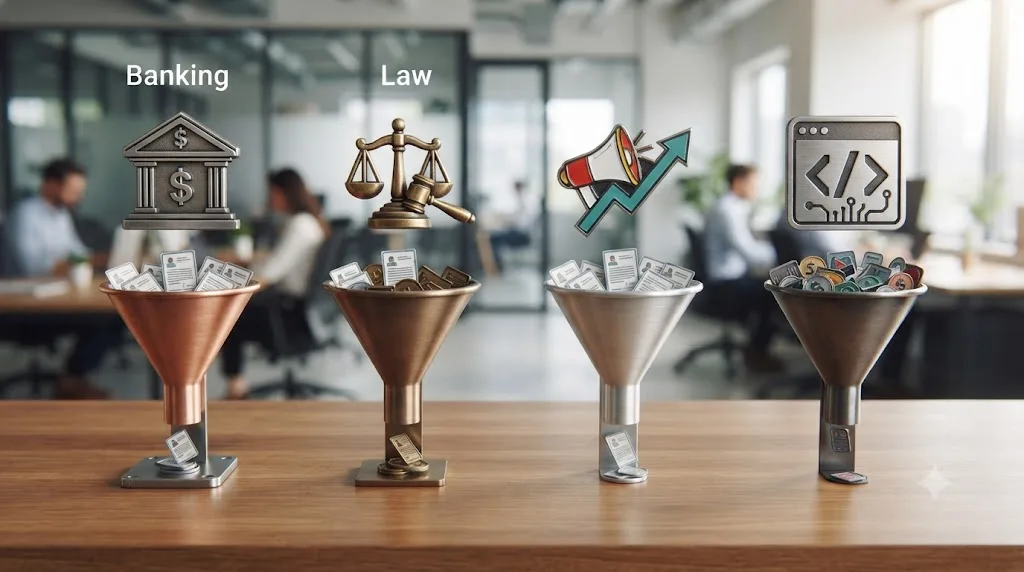 Illustration of office job icons for banking, law, marketing, and software, each above a shrinking entry-level hiring funnel
