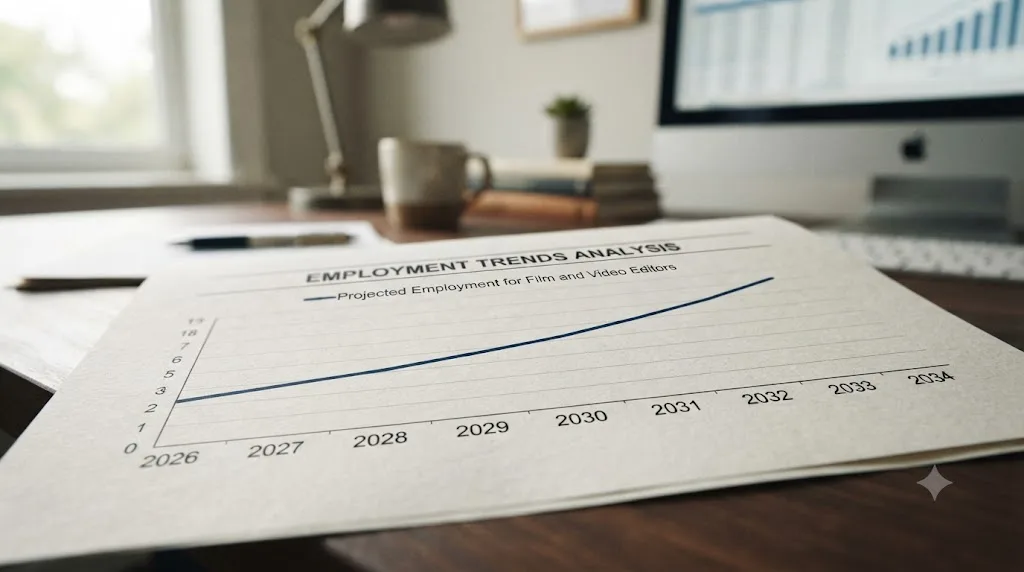 Illustration of a modest upward employment projection line graph for film and video editors through 2034