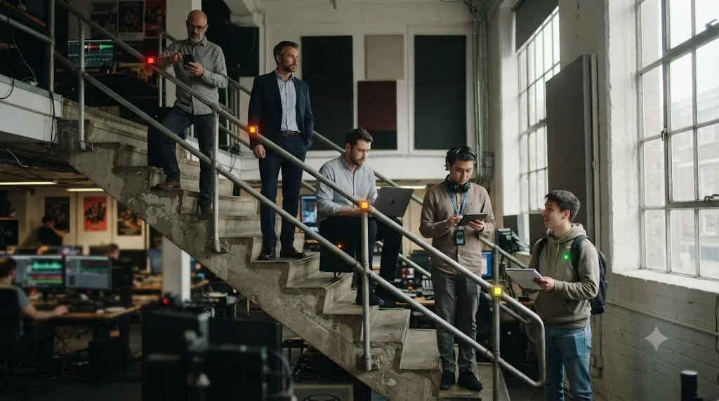 Illustration of a staircase with five figures representing different video editing career stages, each with a risk-level indicator