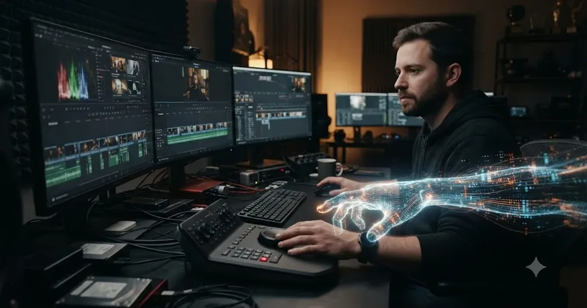 Illustration of a video editor at a timeline with a translucent AI hand reaching toward the same controls