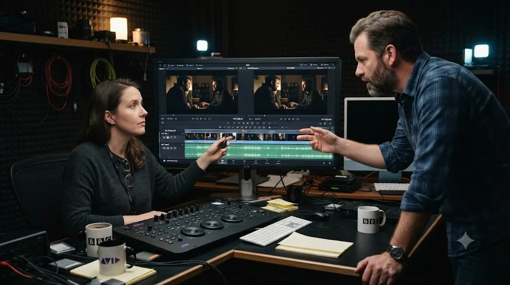Illustration of an editor and a director discussing which take of a scene to use in front of a paused timeline