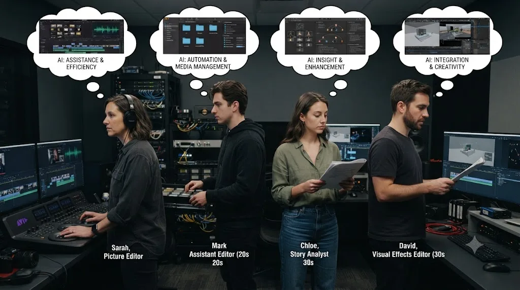 Illustration of four editor roles, each with a thought bubble representing their perspective on AI in post-production
