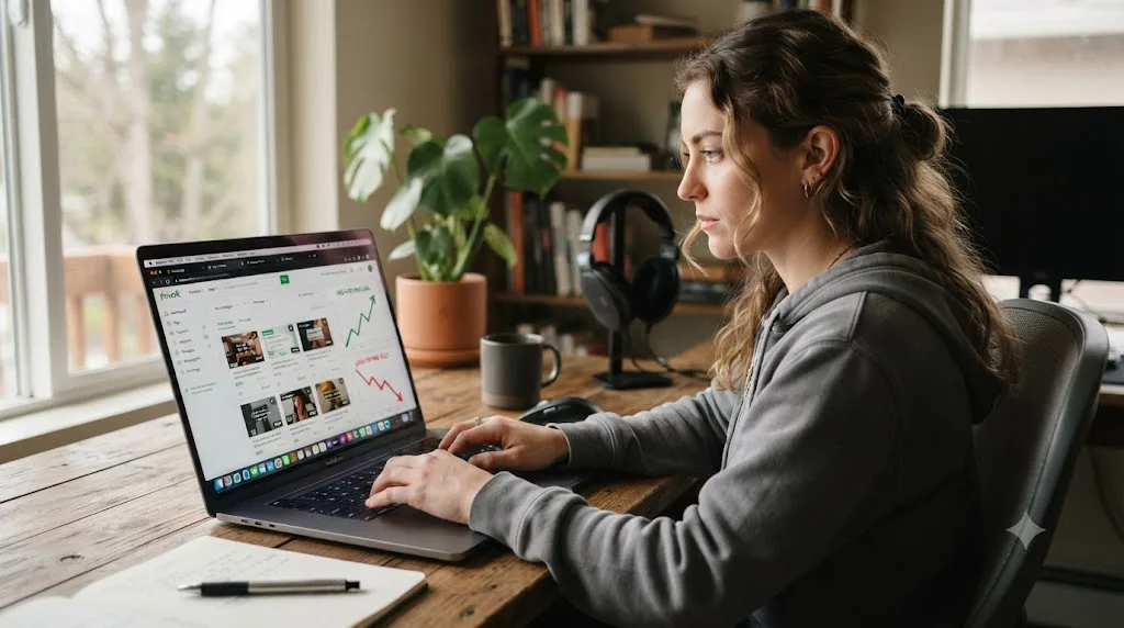 Illustration of a freelance video editor at a laptop with gig platform tabs open beside a rising and a falling pay-rate graph