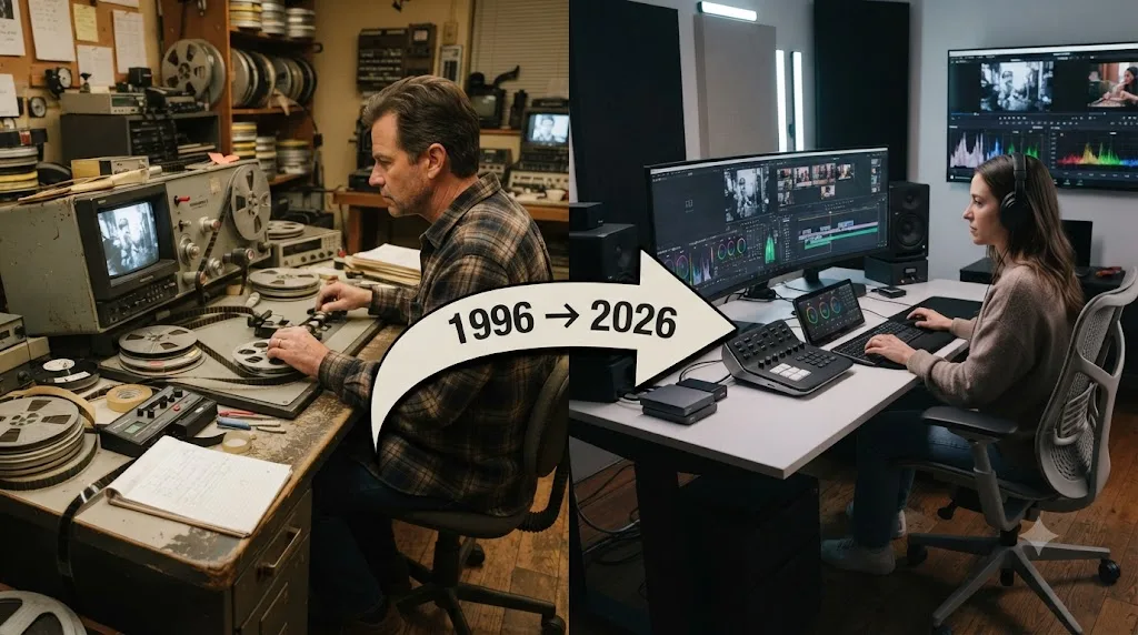 Illustration contrasting a 1990s flatbed film editing table with a modern digital editing workstation, connected by a timeline arrow