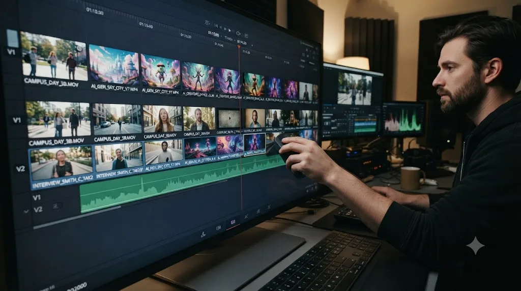 Illustration of an editing timeline mixing camera-filmed clips and AI-generated clip thumbnails, with a cursor arranging both