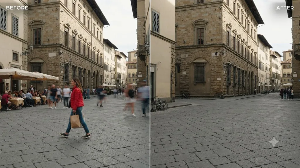 Illustration of a before-and-after video frame with an object automatically removed and the scene physically recalculated