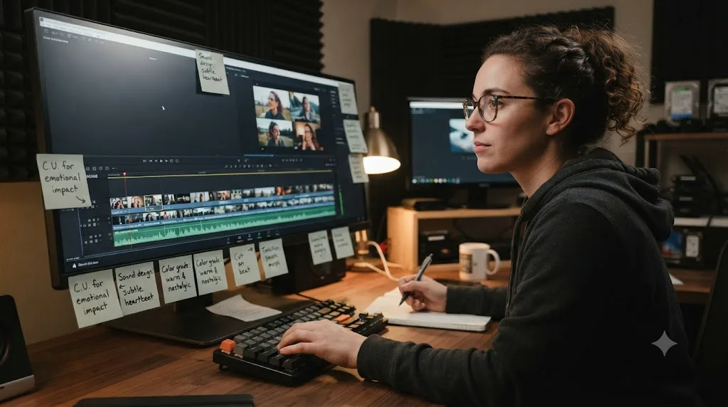 Illustration of a video editor reviewing a portfolio reel with notes marking specific creative editing decisions