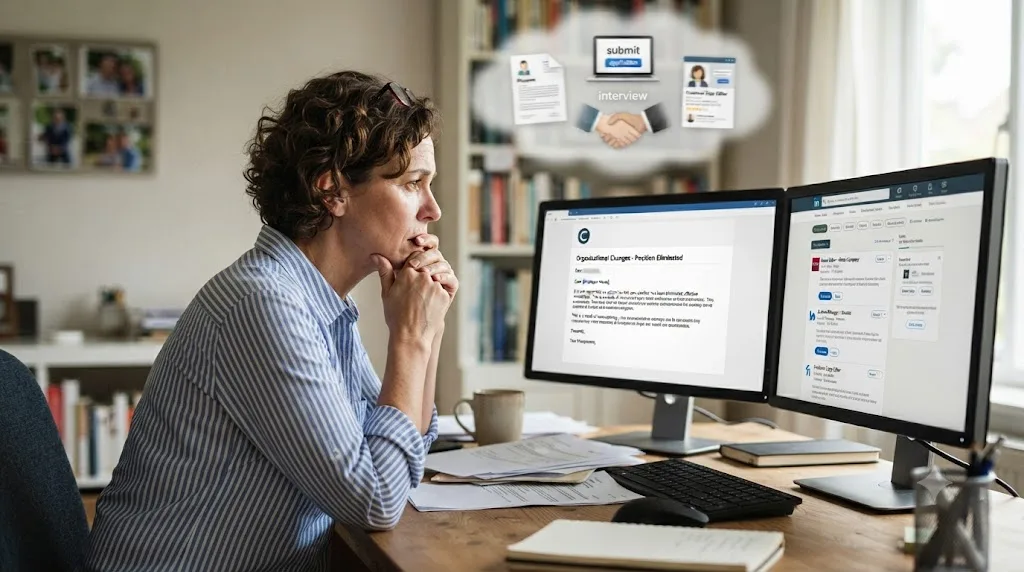 Illustration of an editor at a desk with a position-eliminated notice on one screen and a job board on another