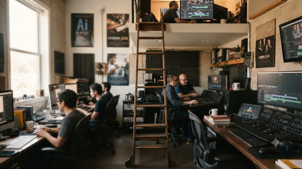 Illustration of a ladder of editing career roles with a narrowing gap at the entry-level rungs