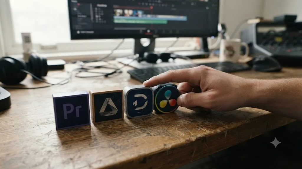 Illustration of AI editing tool icons arranged like tools on a workbench with a hand selecting between them