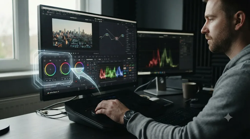 Illustration of an AI tutor overlay pointing at a control inside DaVinci Resolve while the editor's hand makes the adjustment