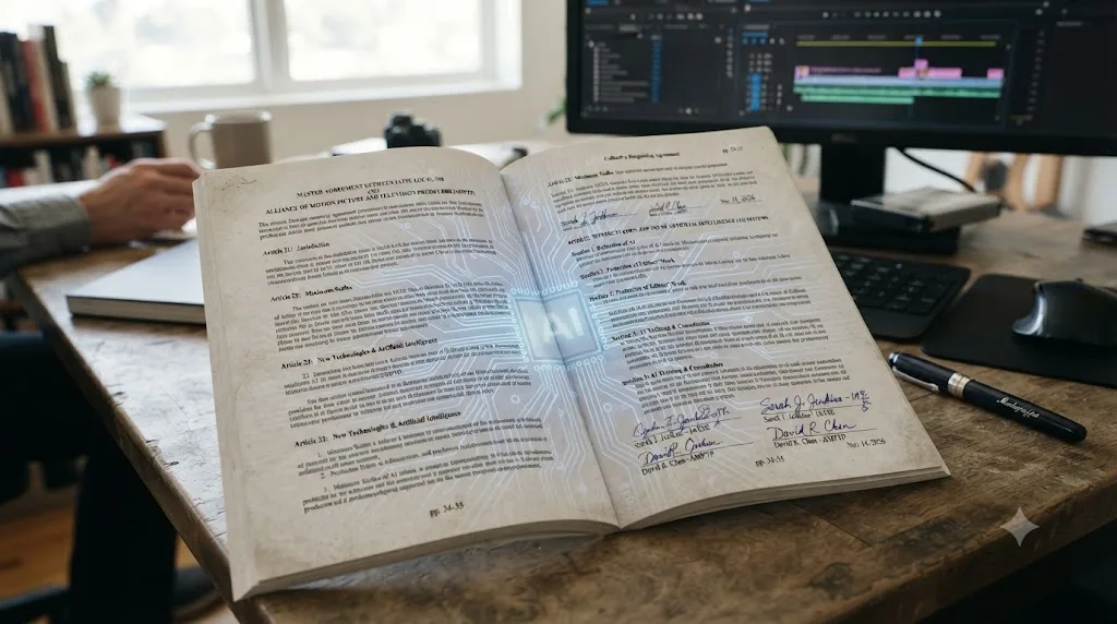 Illustration of a union labor contract document with an AI circuit pattern overlaid on the page