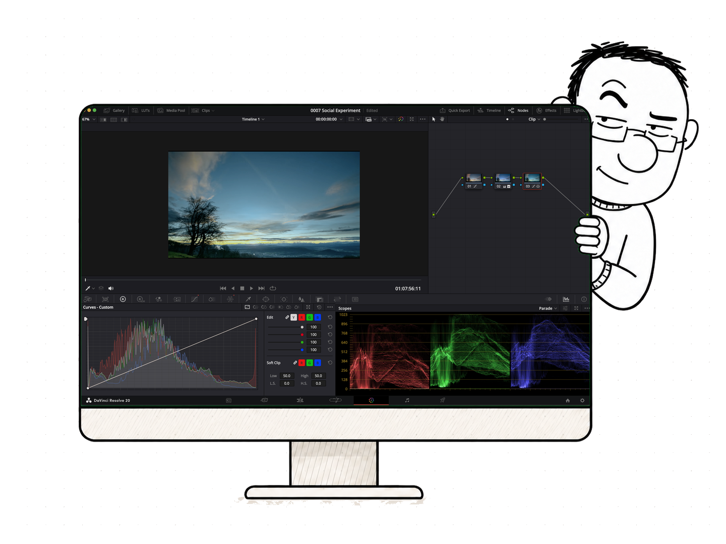 Curves panel step of the DaVinci Resolve demo inside the hand-drawn monitor